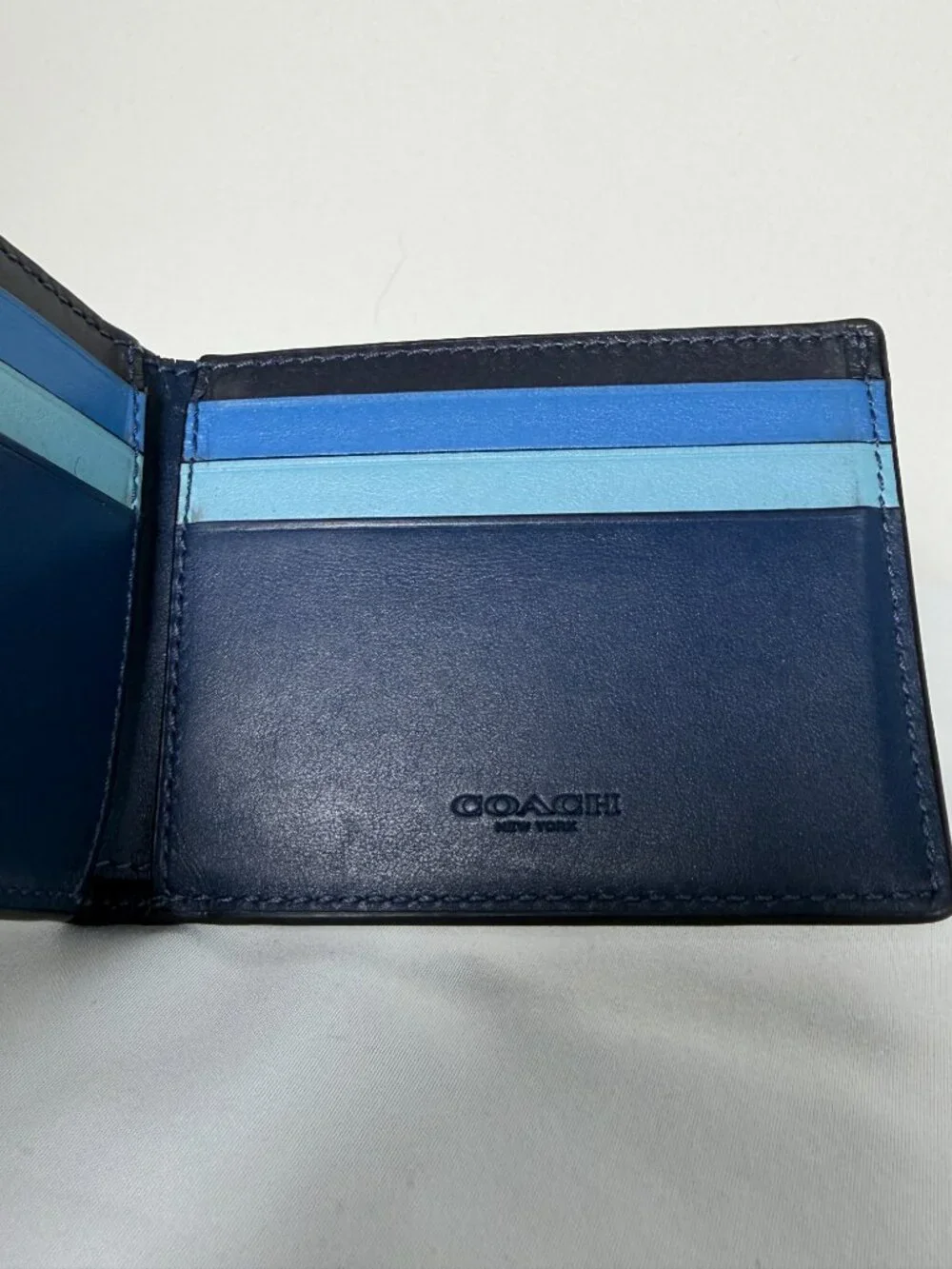 COACH Leather Colorblock Slim Billfold Wallet Navy Blue